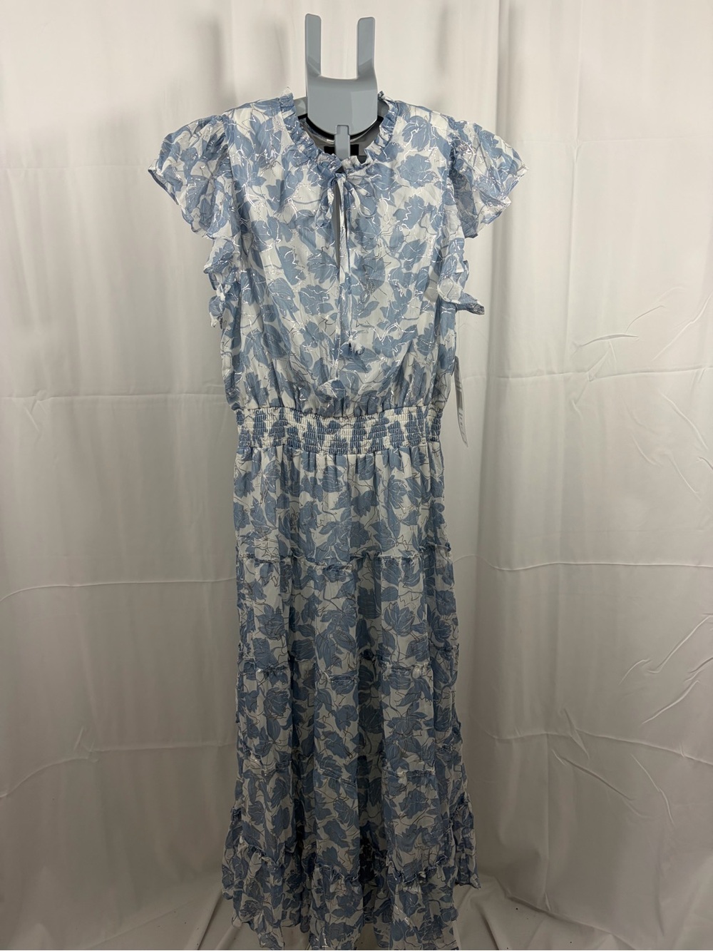 NWT MSK Petite Women’s Size Petite Large Blue Floral Tie-Neck Ruffle Maxi Dress